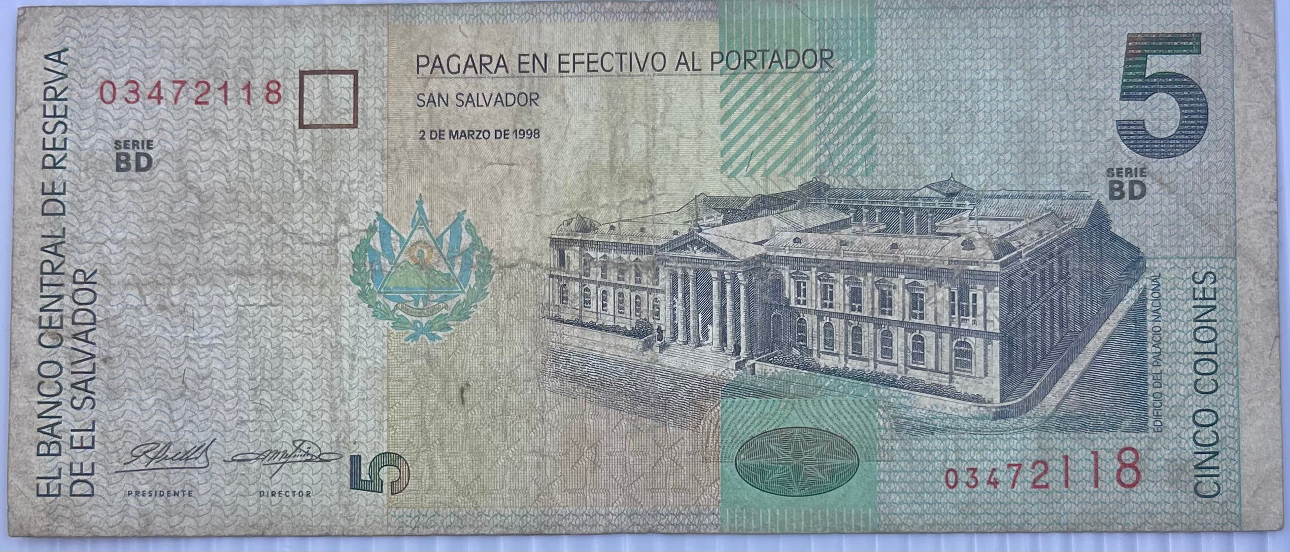 El Salvador 1998 5 Colones P-147 Used World Banknote