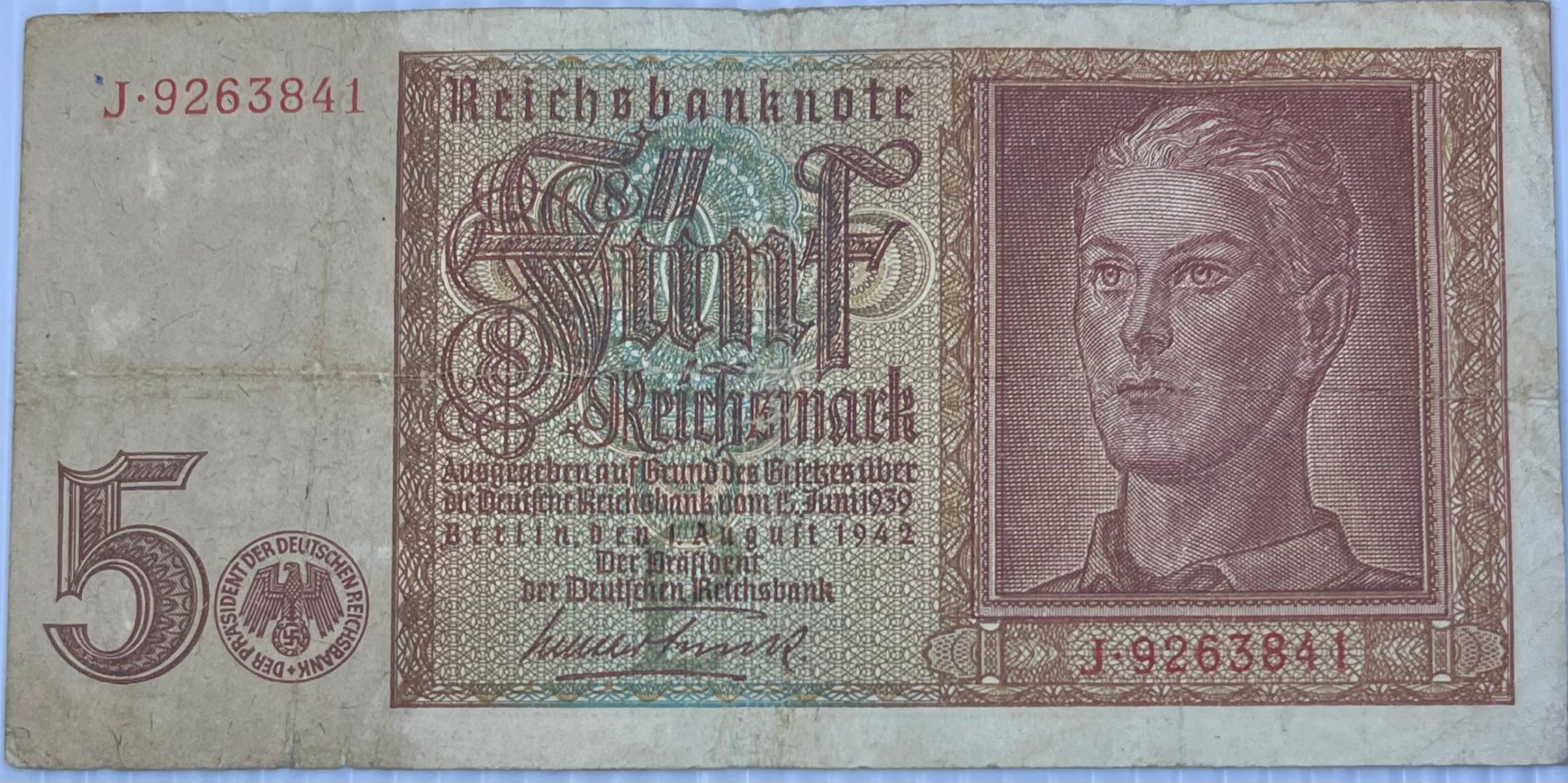 Germany 1941 5 Reichsmark P-186 WW2 Used World Banknote