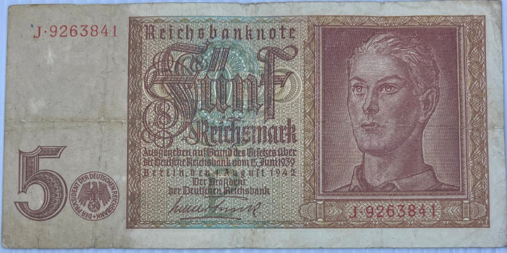 Germany 1941 5 Reichsmark P-186 WW2 Used World Banknote