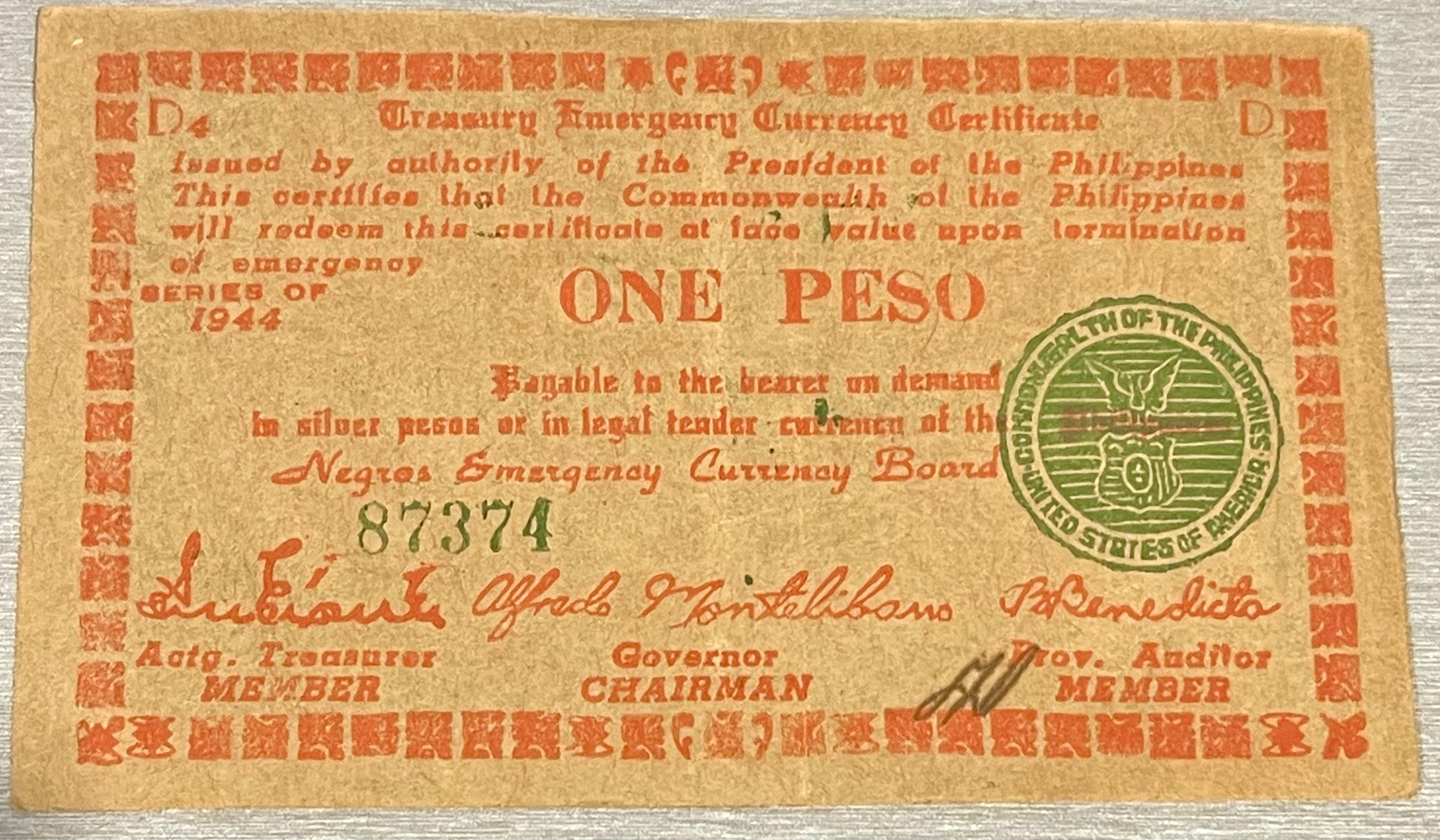 Philippines 1944 1 Peso P-S672 WWII Used World Banknote