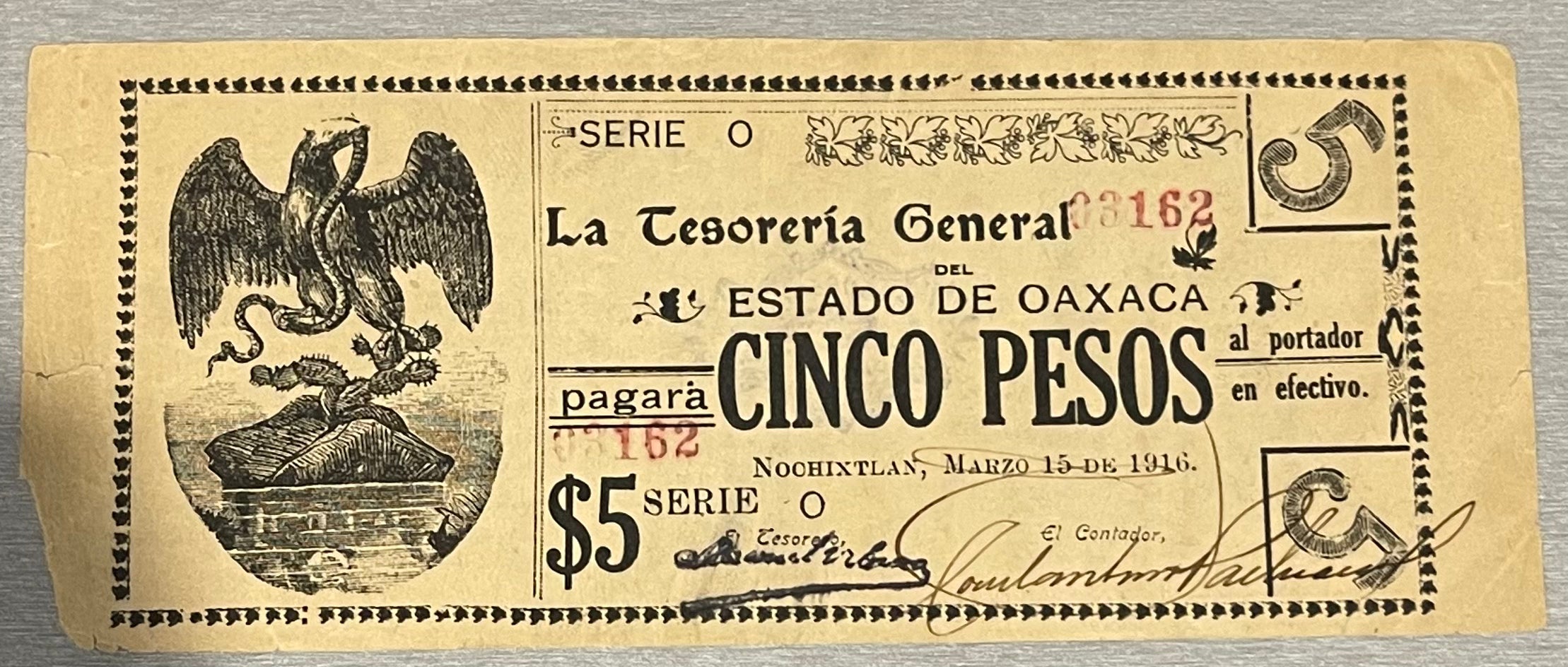 Mexico 1916 5 Pesos P-S949 Used World Banknote