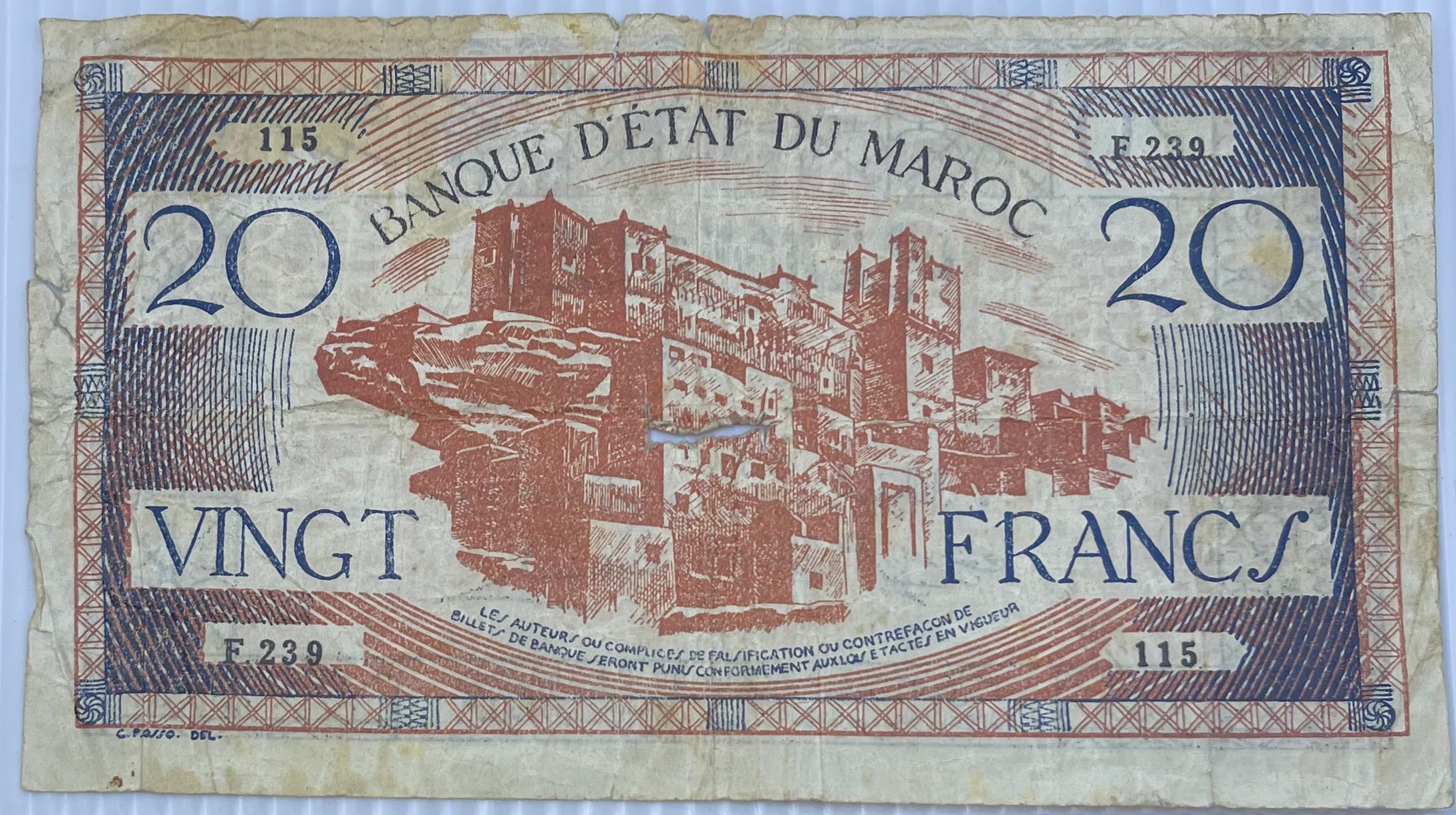 Morocco 1943 20 Francs P-39 Used World Banknote