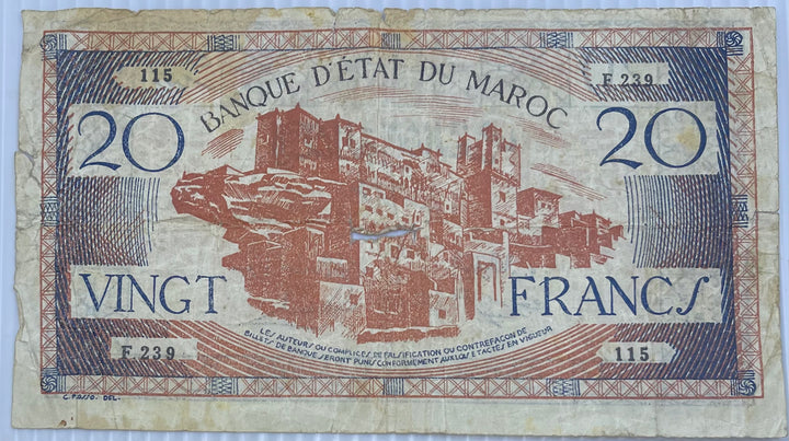 Morocco 1943 20 Francs P-39 Used World Banknote