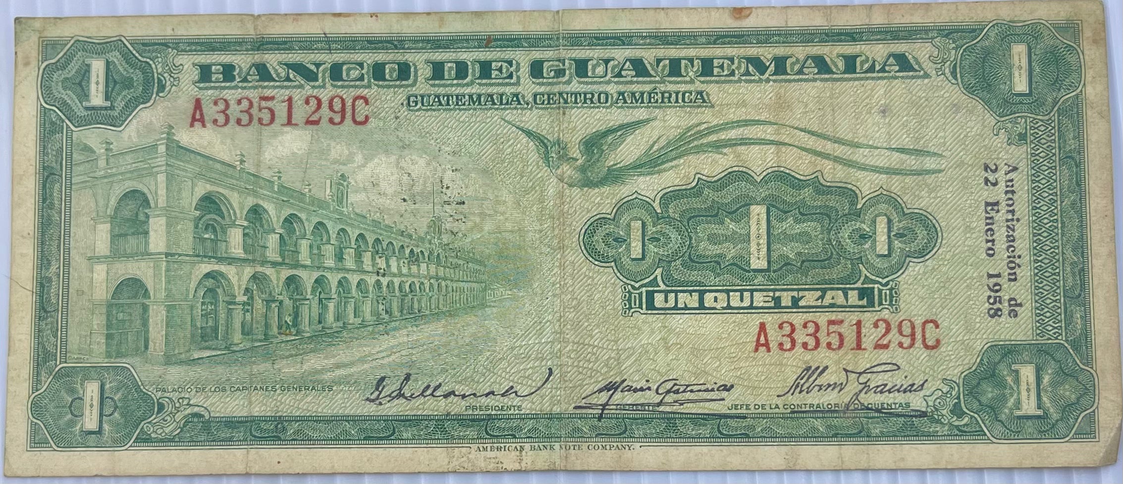 Guatemala 1958 1 Quetzal P-36 Used Banknote