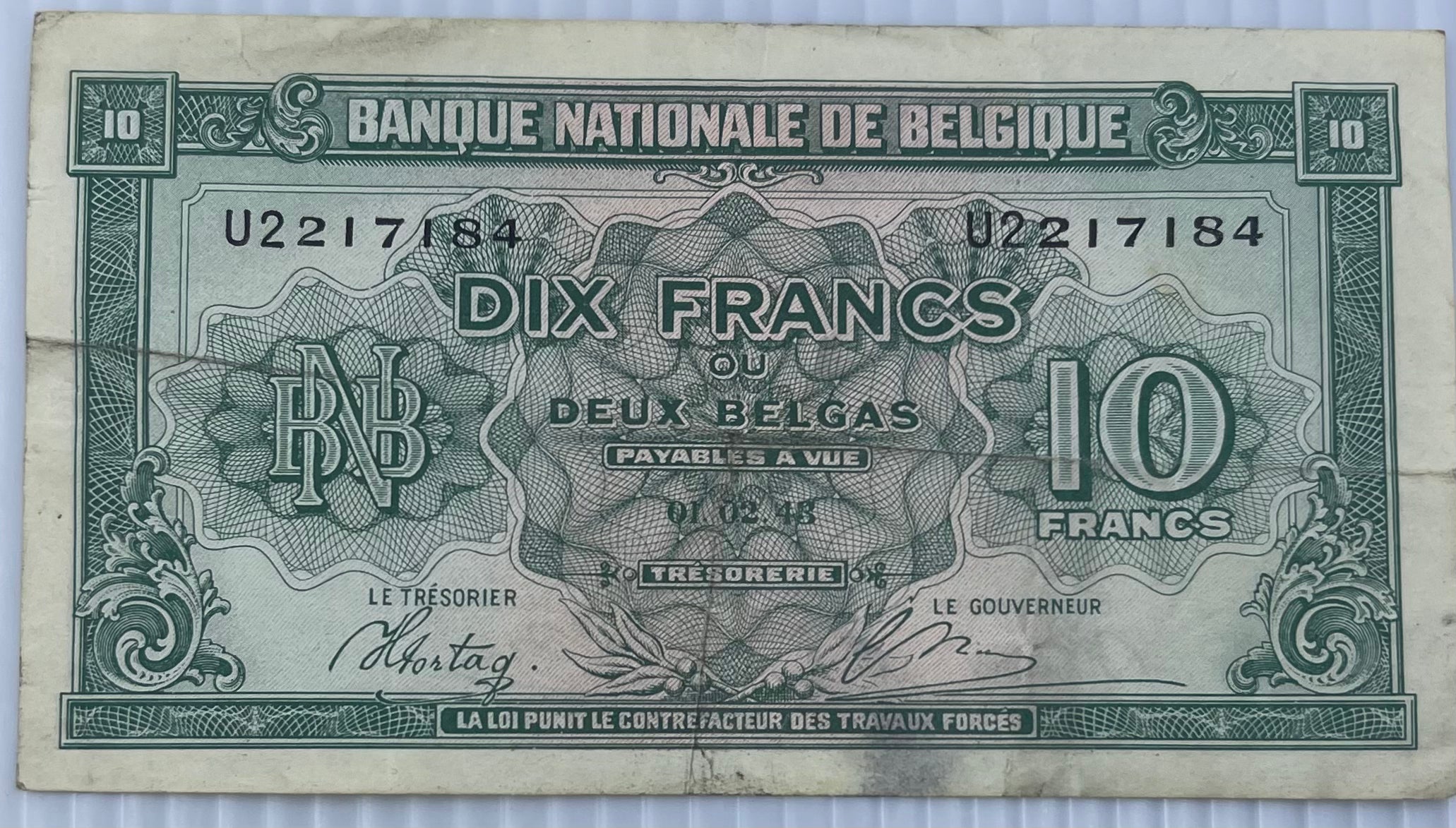 Belgium 1943 10 Francs P-122 Used World Banknote