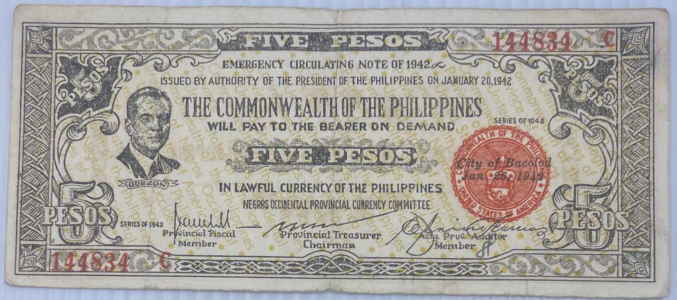 Philippines 1942 5 Pesos WWII used banknote with authentic wear and historical significance