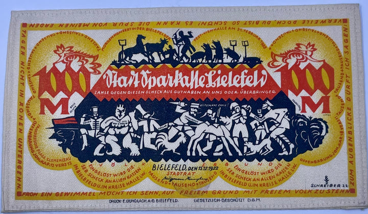 1923 Germany BIELEFELD 1000 Mark Silk Used Banknote