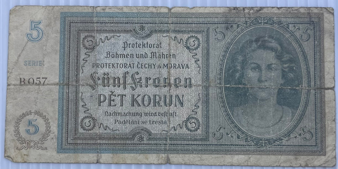 Bohemia & Moravia 1940 5 Korun P-4 WW2 German Occ. Used Banknote
