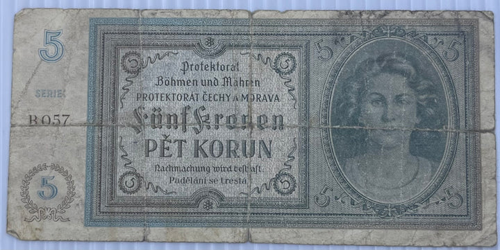 Bohemia & Moravia 1940 5 Korun P-4 WW2 German Occ. Used Banknote