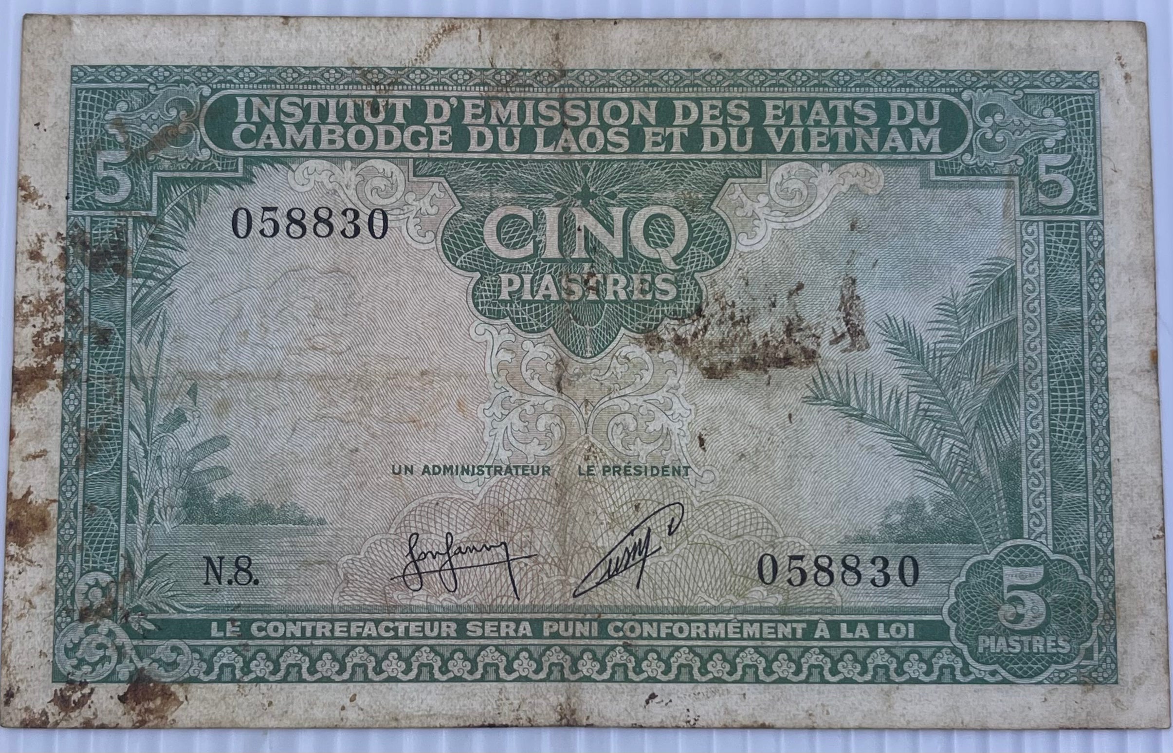 French Indochina 1953 5 Piastres P-54 Used World Banknote