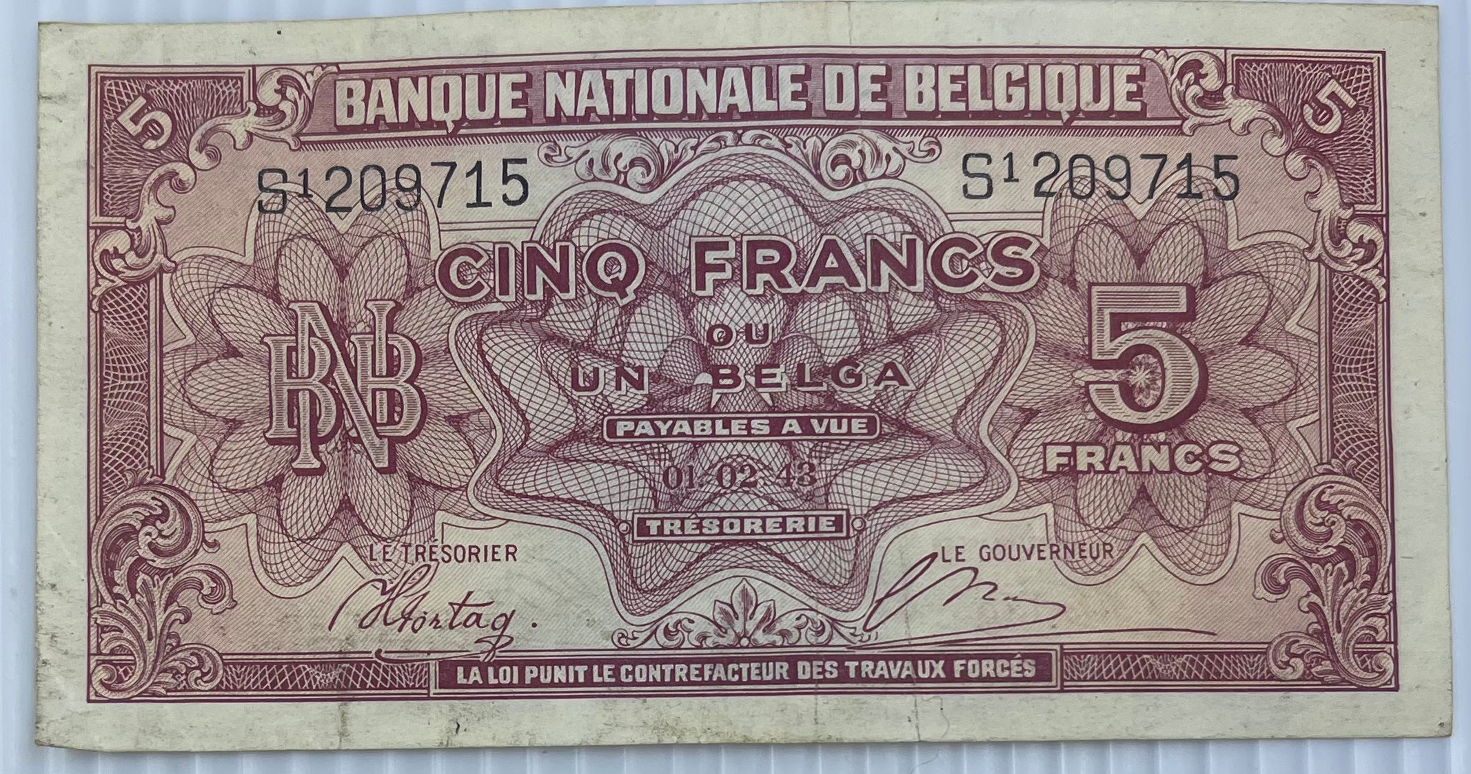 Belgium 1943 5 Francs P-121 Used World Banknote