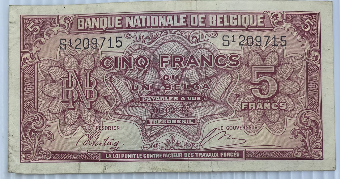 Belgium 1943 5 Francs P-121 Used World Banknote