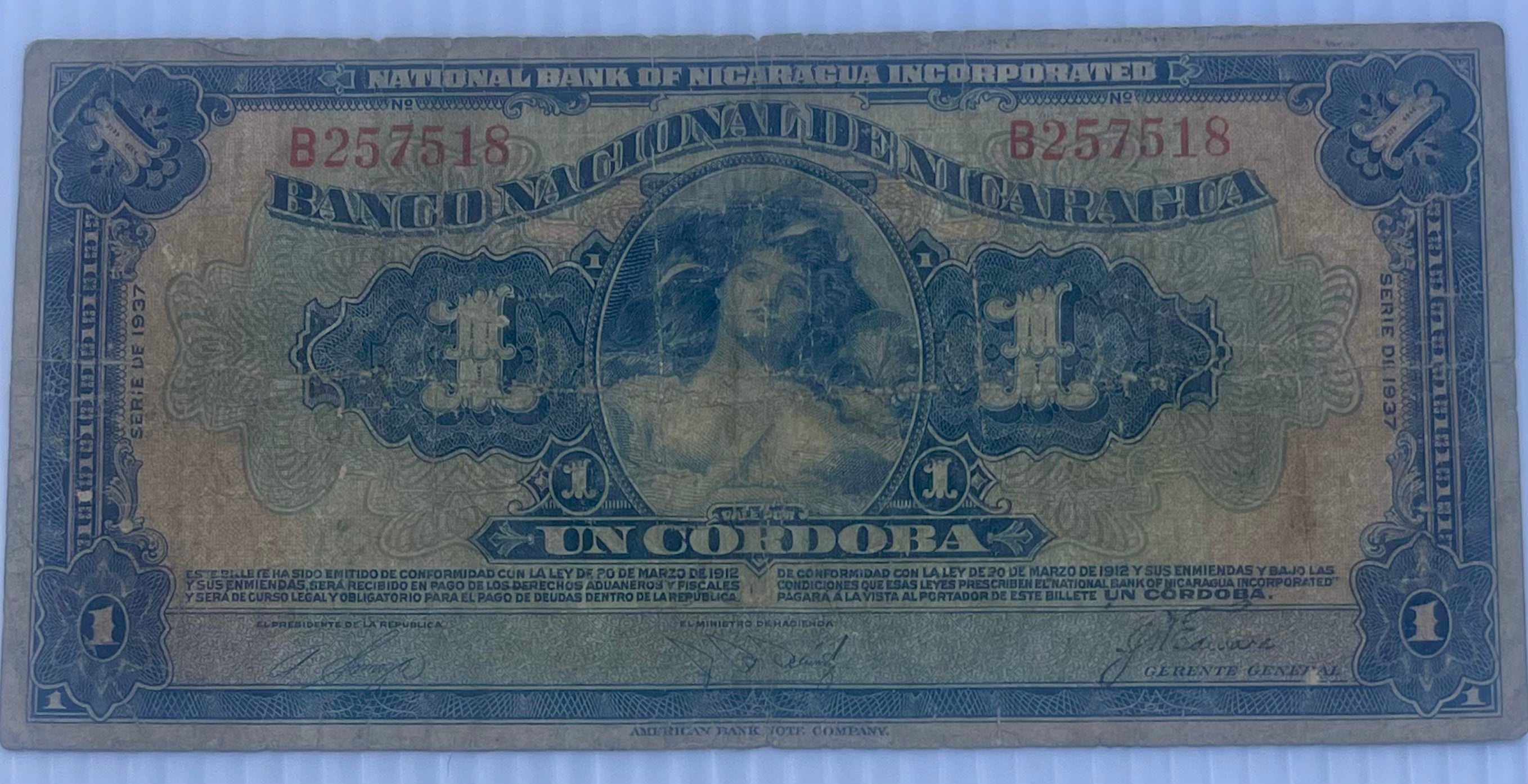 Nicaragua 1937 1 Cordobas P-62 Used World Banknote Currency