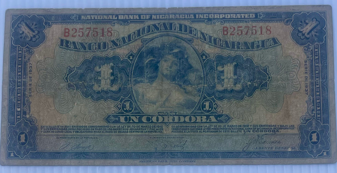 Nicaragua 1937 1 Cordobas P-62 Used World Banknote Currency