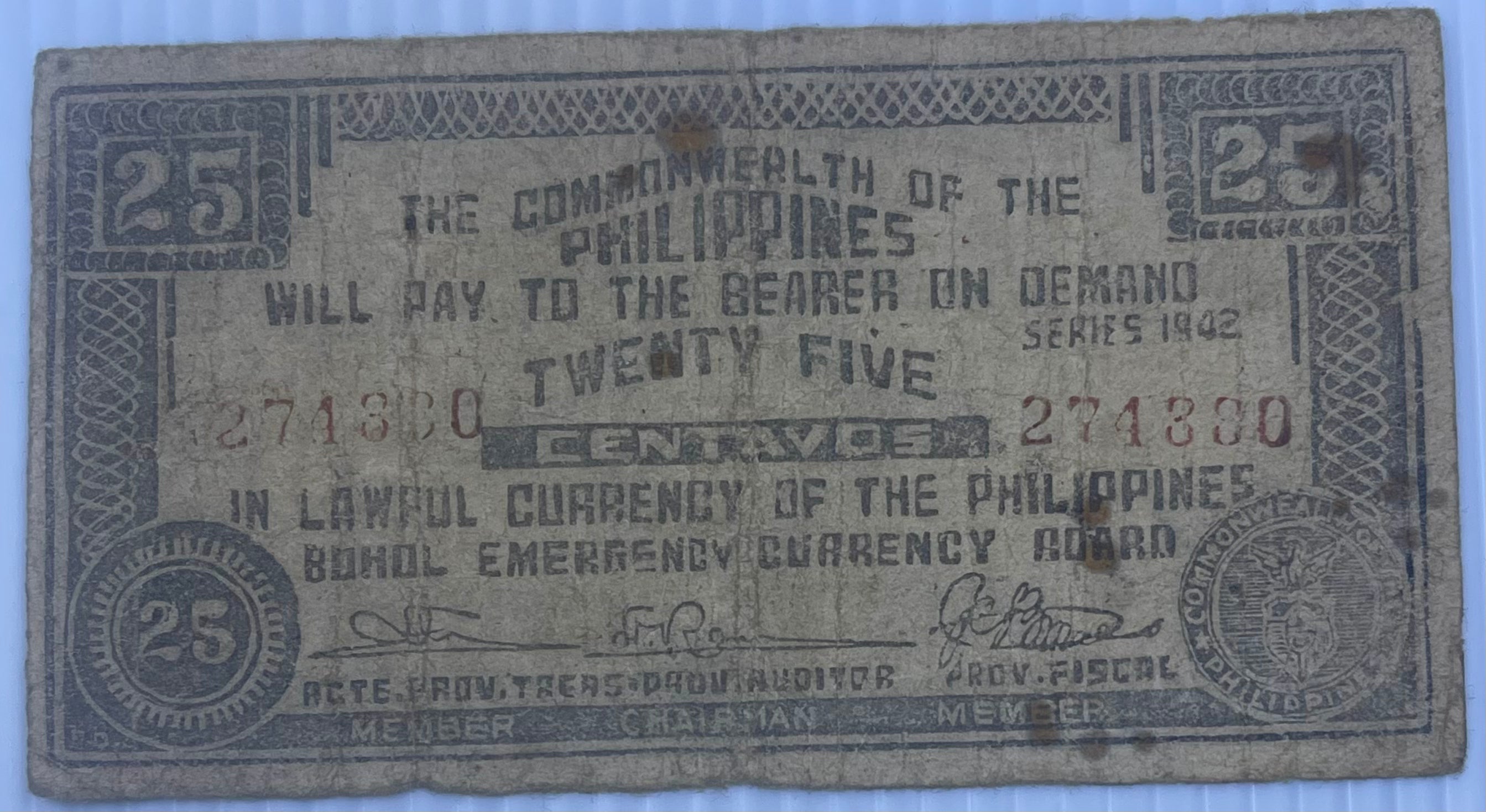 Philippines 1942 25 Centavos P-S133 Used WW2 World Banknote