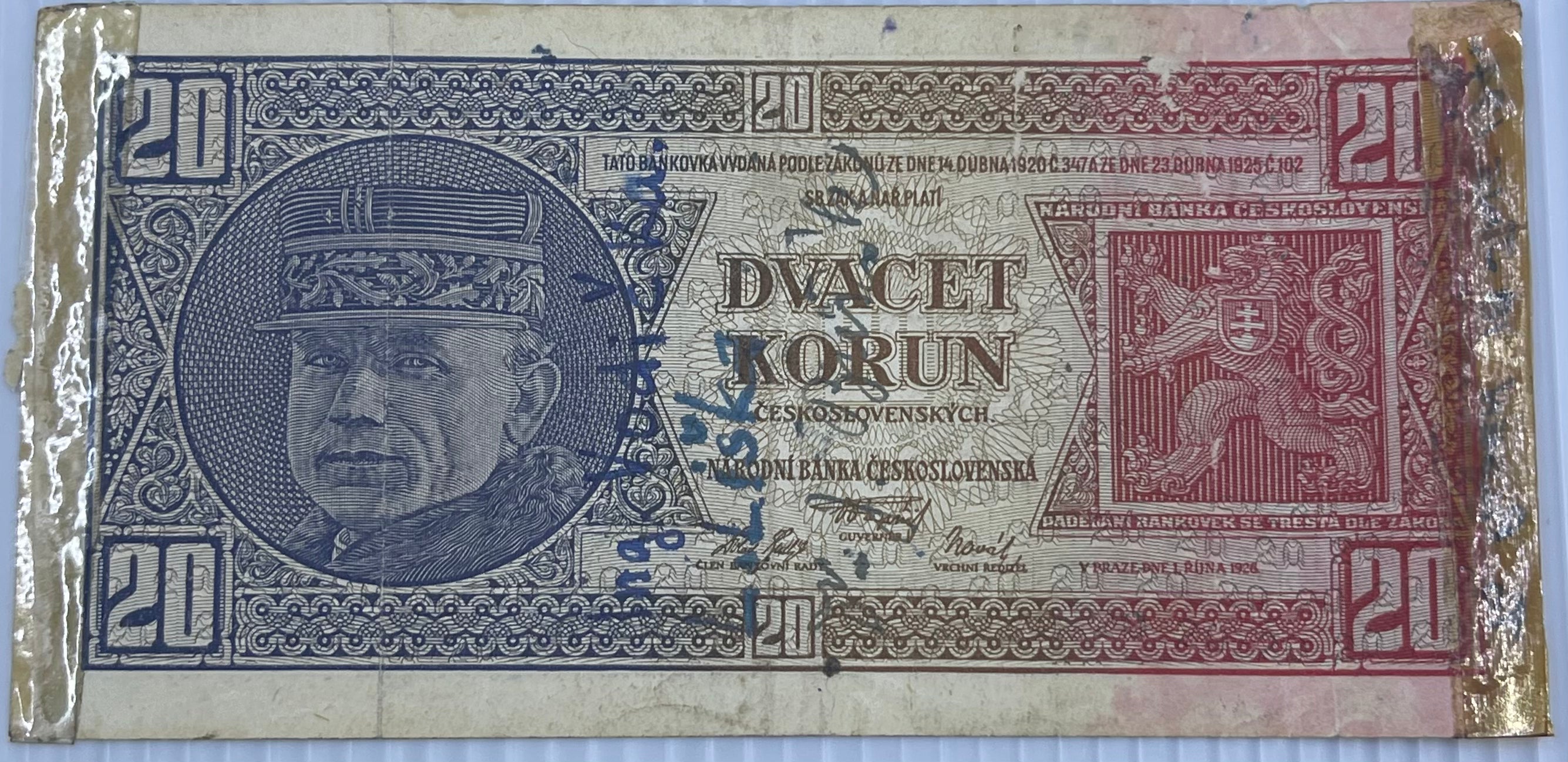 Czechoslovakia 1926 20 Korun P-21 Used World Banknote Short Snorter WW2