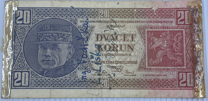 Czechoslovakia 1926 20 Korun P-21 Used World Banknote Short Snorter WW2