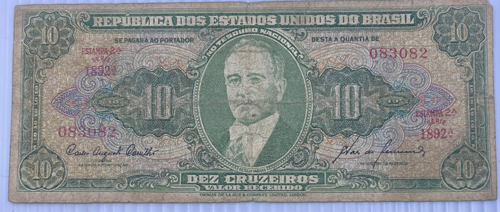 BRAZIL 1953 10 CRUZEIROS P-159 Used Banknote