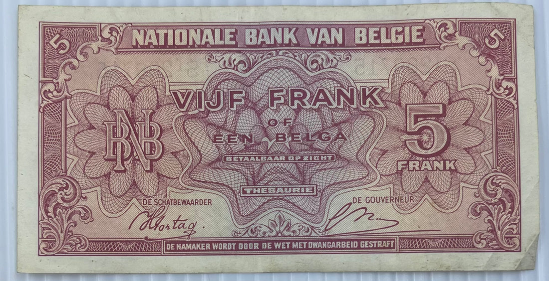 Belgium 1943 5 Francs P-121 Used World Banknote