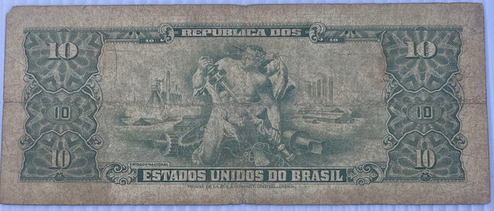 BRAZIL 1953 10 CRUZEIROS P-159 Used Banknote