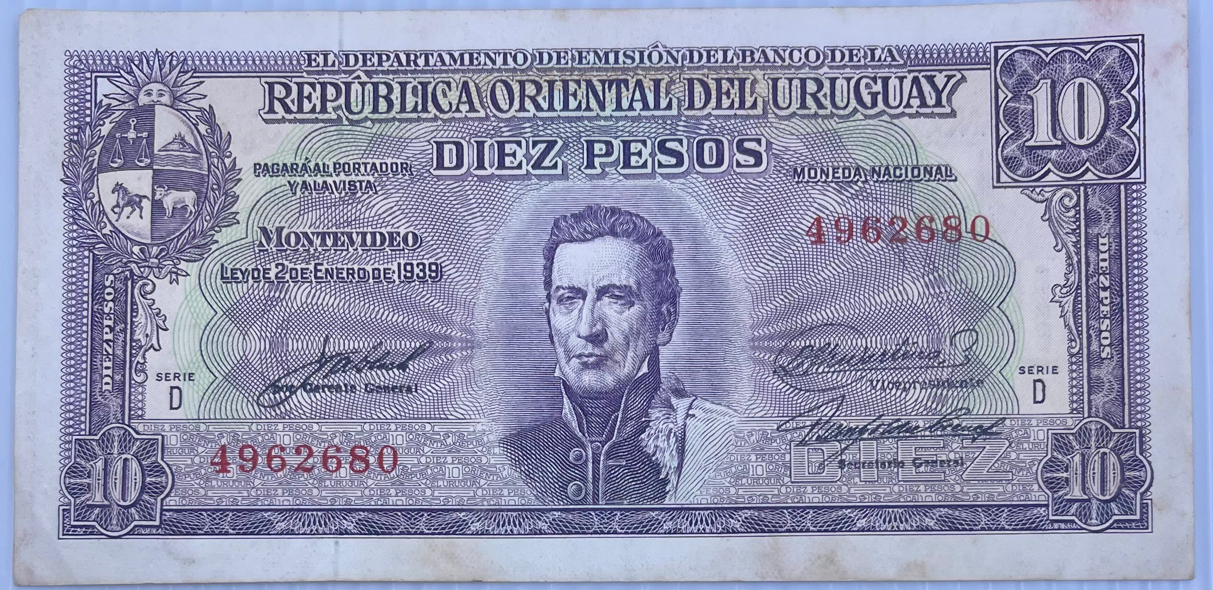 Uruguay 1939 10 Pesos P-37 Used World Banknote Currency