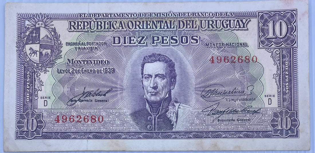 Uruguay 1939 10 Pesos P-37 Used World Banknote Currency