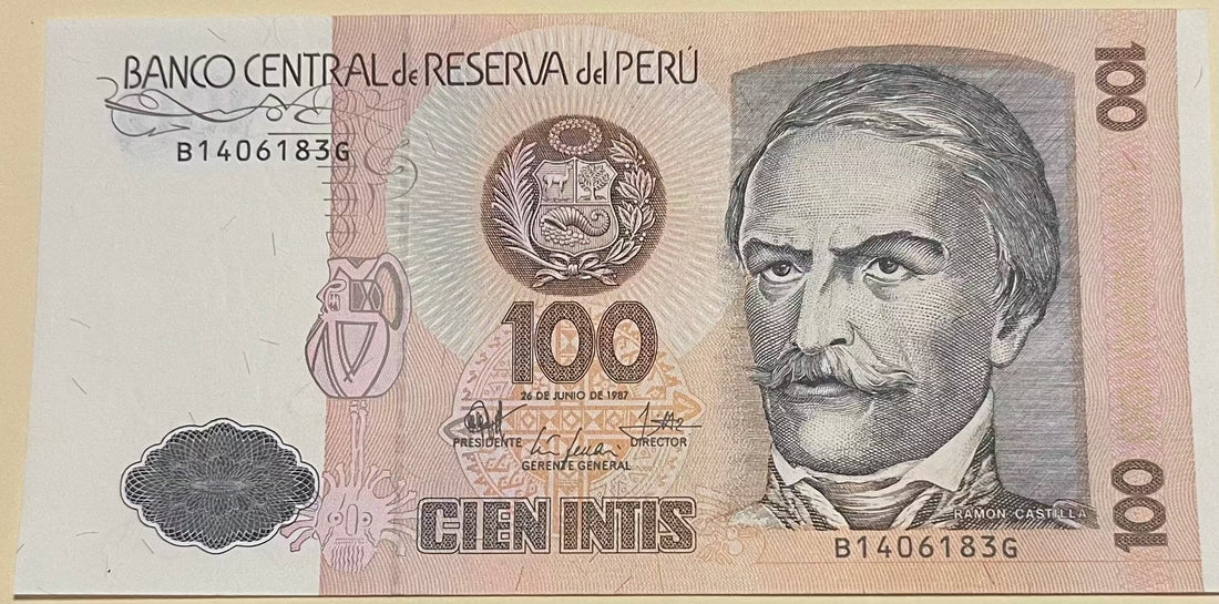 Peru 100 Intis 1987 banknote featuring Cesar Vallejo portrait and Chan Chan archaeological site illustration in uncirculated condition