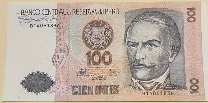 Peru 100 Intis 1987 banknote featuring Cesar Vallejo portrait and Chan Chan archaeological site illustration in uncirculated condition