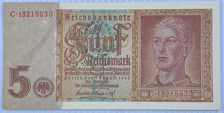 Germany 1941 5 Reichsmark P-186 WW2 Used World Banknote
