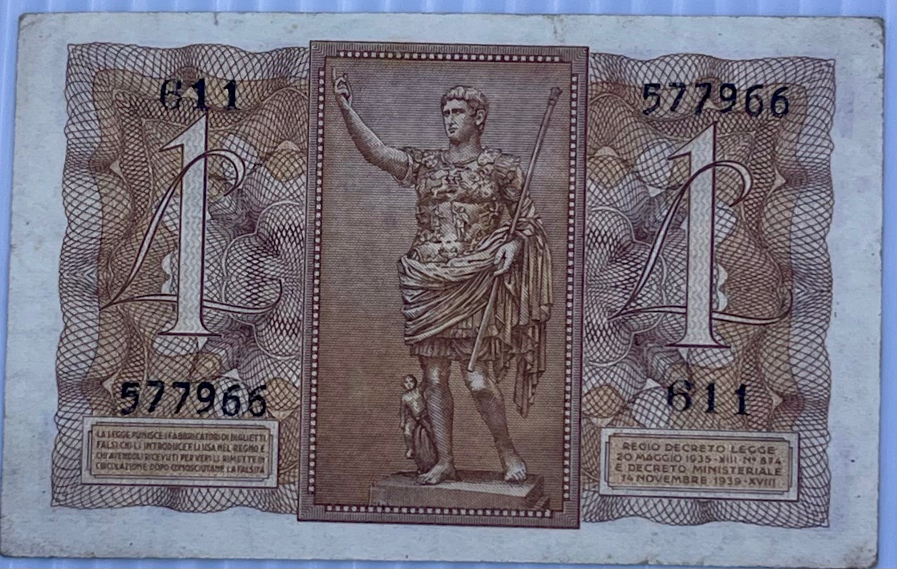 Italy 1939 1 Lire P-26 Used World Banknote