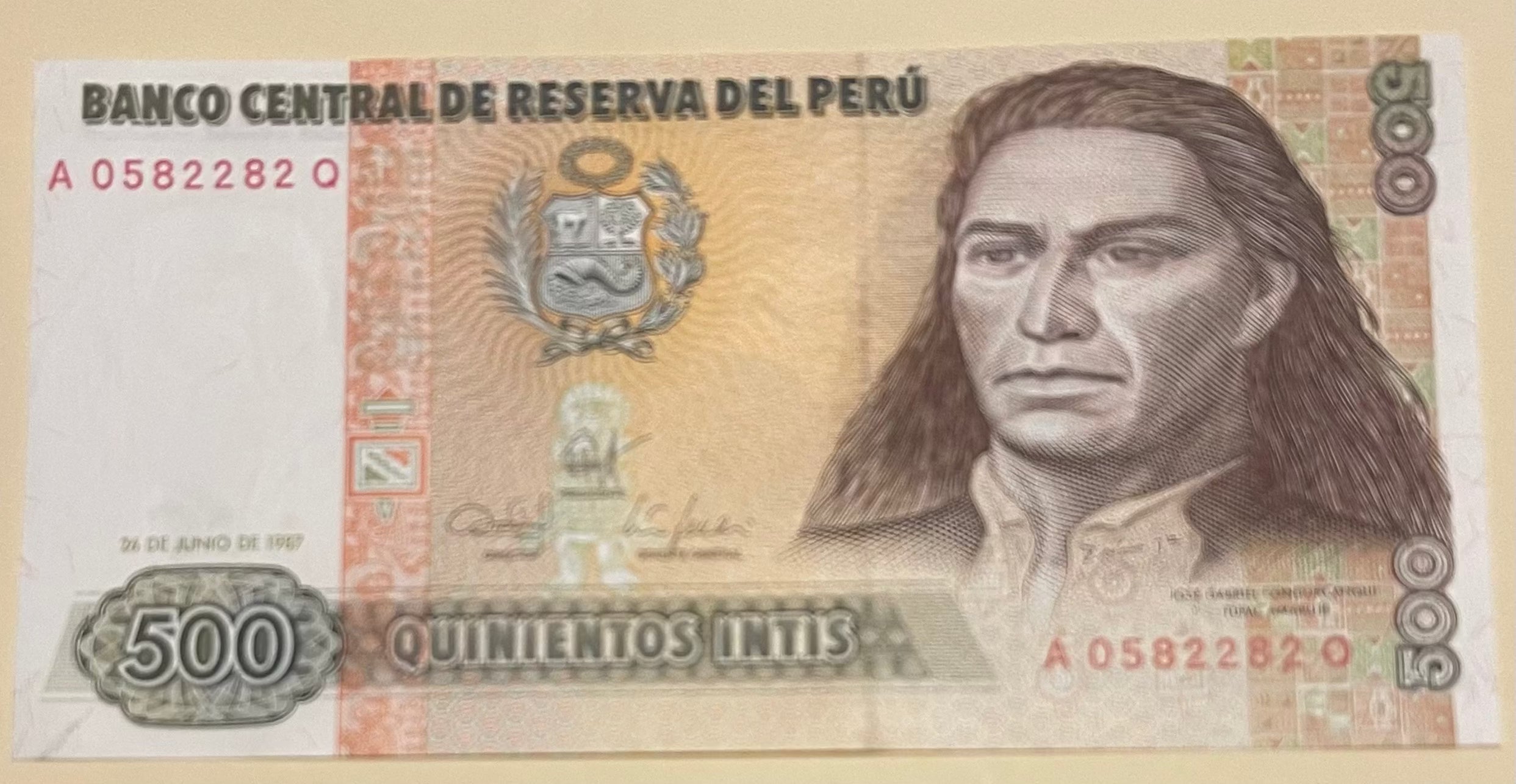 Peru 500 Intis 1987 banknote featuring Cesar Vallejo and Machu Picchu in uncirculated condition