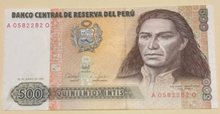 Peru 500 Intis 1987 banknote featuring Cesar Vallejo and Machu Picchu in uncirculated condition