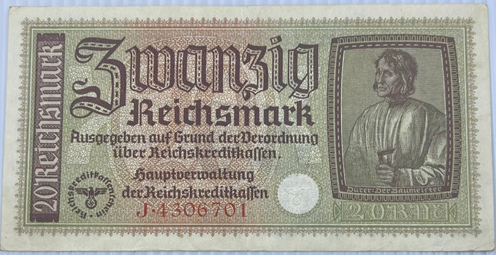 Germany 1940-1945 20 Reichsmark P-R139 Used World Banknote