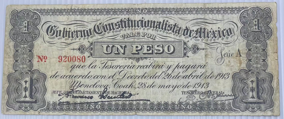 Mexico 1913 1 Pesos banknote featuring Revolutionary Banco Nacional de Mexico design