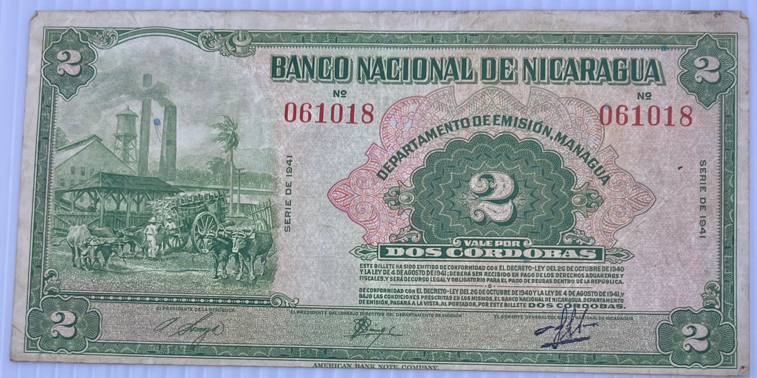 Nicaragua 1941 2 Cordobas P-92 Used World Banknote Currency