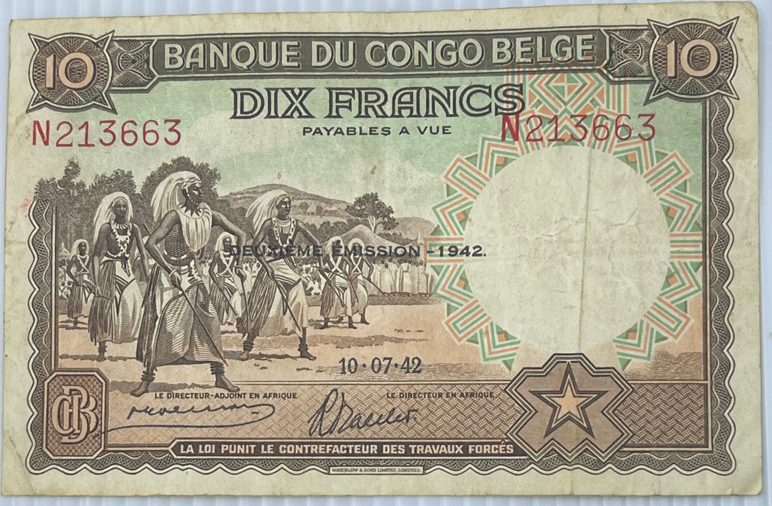 Belgian Congo 1942 10 Francs P-14 Used World Banknote