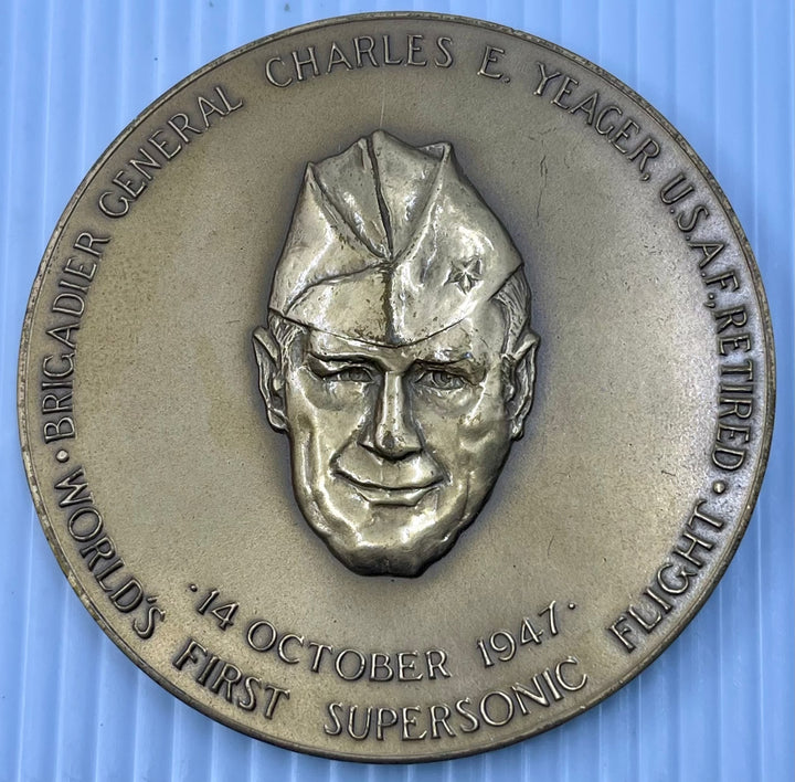3" General Charles Yeager bronze medal commemorating first supersonic flight with F-86 Sabre and USAF seal
