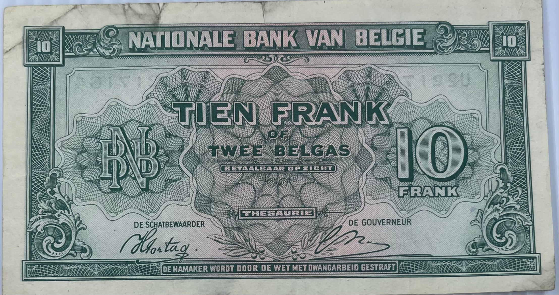 Belgium 1943 10 Francs P-122 Used World Banknote