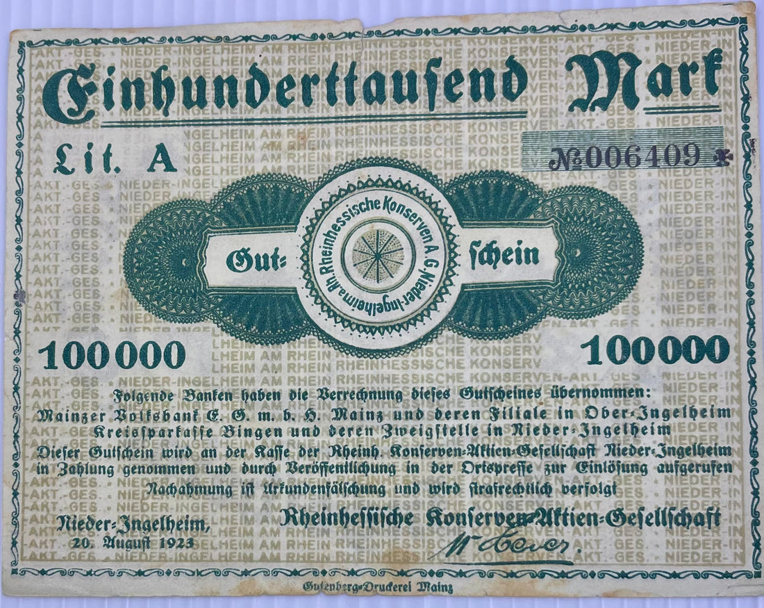 Germany 1923 Notgeld Nieder-Ingelheim - Rheinhessische Konserven AG - 100,000 Marks Used Banknote