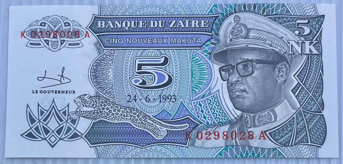 1993 Zaire 5 Nouveaux Makuta P-48a Mobutu UNC Banque du Zaire