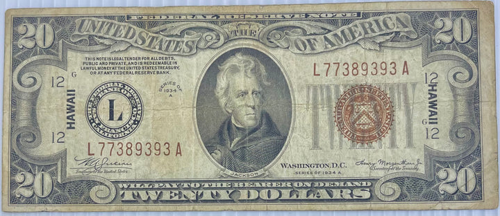 1934 A Twenty Dollar Hawaii WWII P-41 Emergency Issue Brown Seal Silver Certificate,