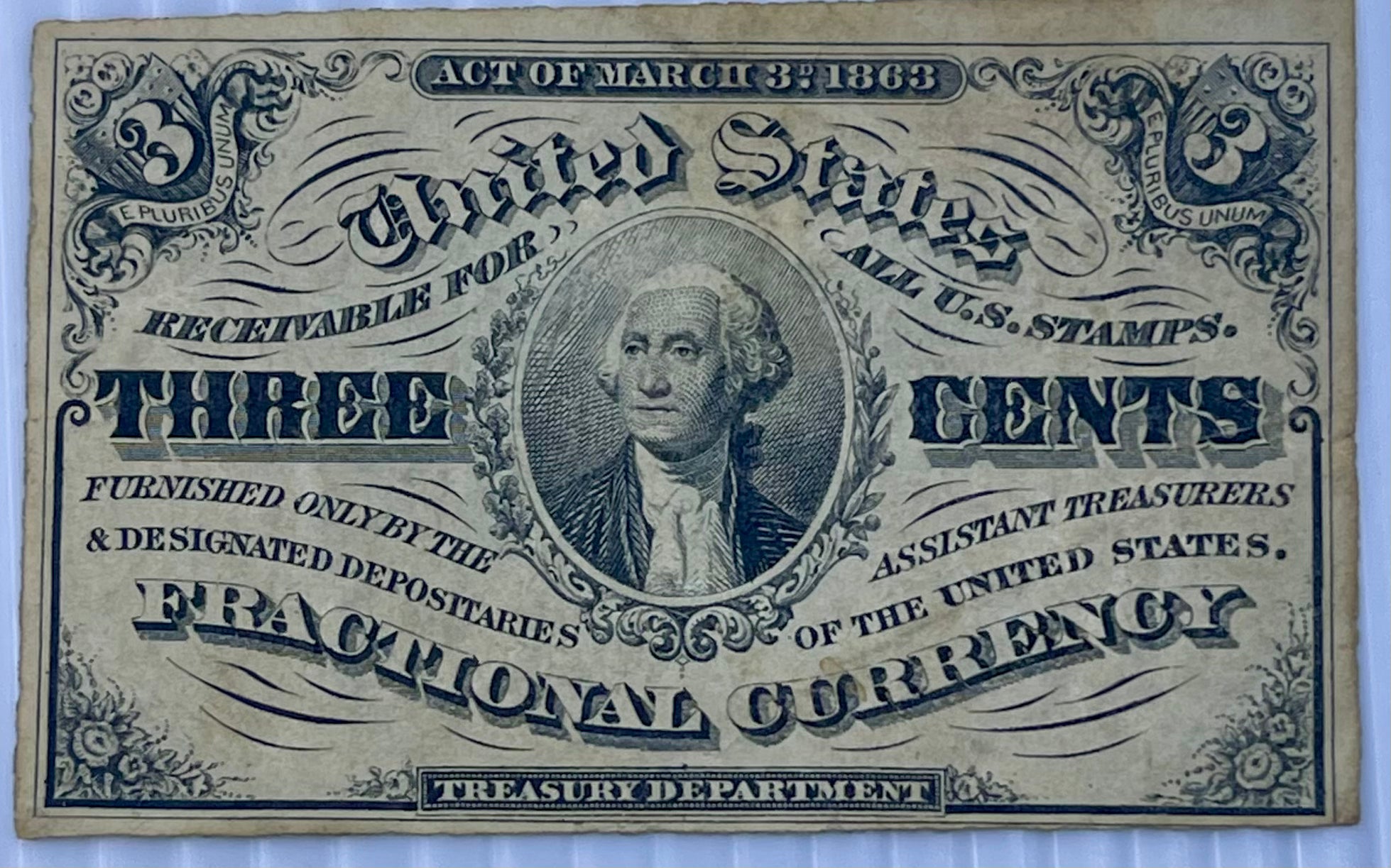 1863 3 Cent Fractional F-1226, Used World Banknote Currency