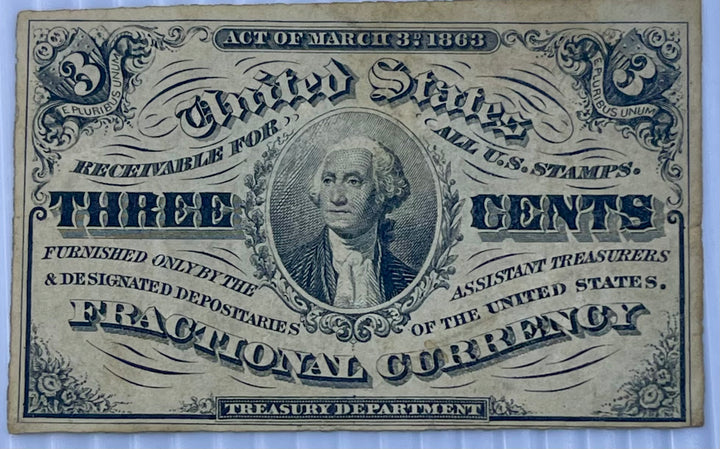 1863 3 Cent Fractional F-1226, Used World Banknote Currency