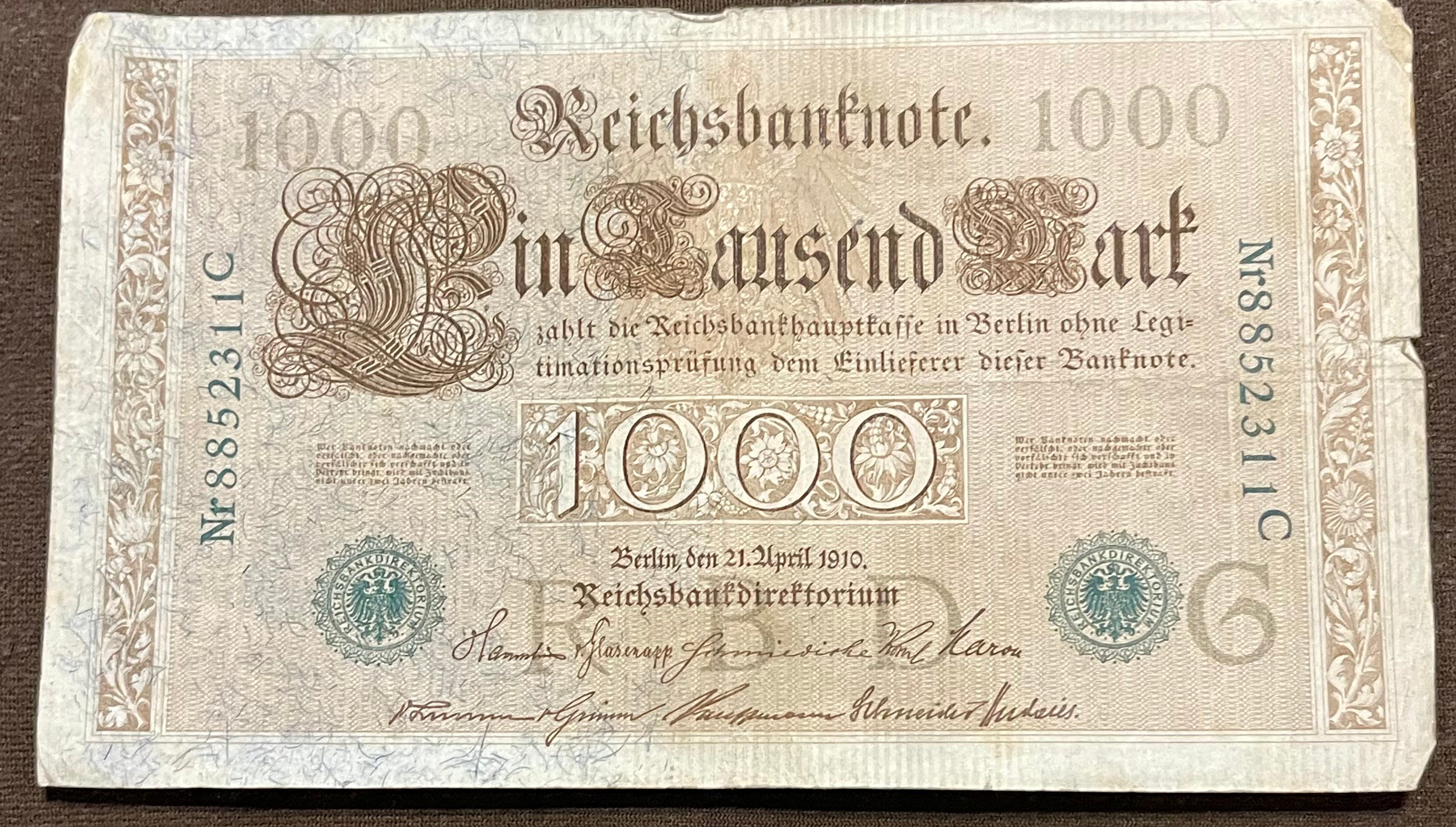 Germany 1910 1000 Mark P-44 Used World Banknote Currency From Lot