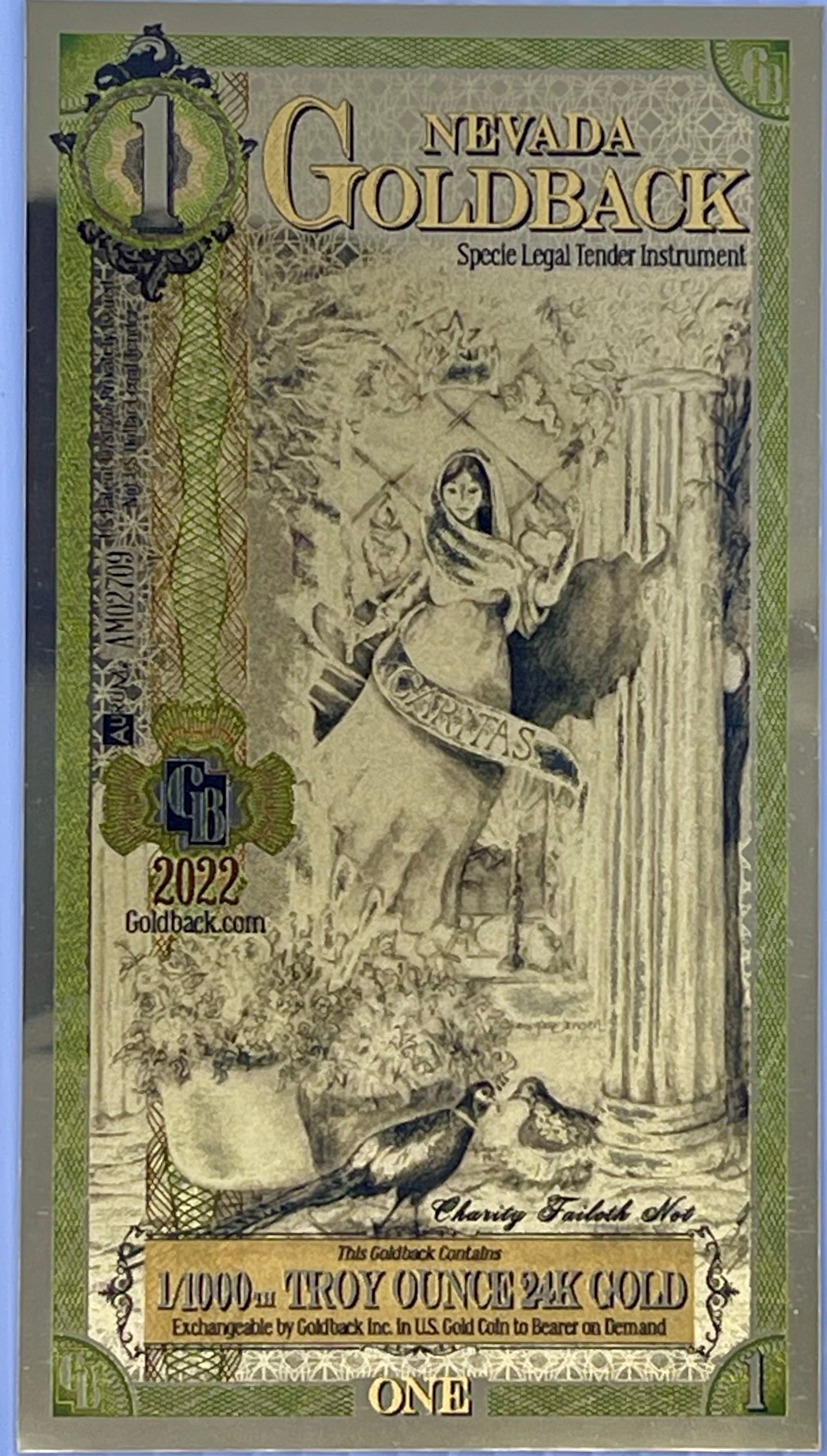 2024 1 Neveda Goldback 24KT 1/1000th Oz 999 Gold Foil Note