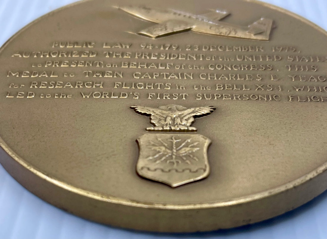 3" General Charles Yeager bronze medal commemorating first supersonic flight with F-86 Sabre and USAF seal