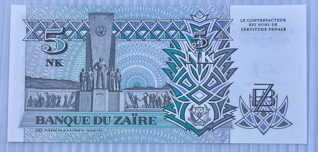 1993 Zaire 5 Nouveaux Makuta P-48a Mobutu UNC Banque du Zaire