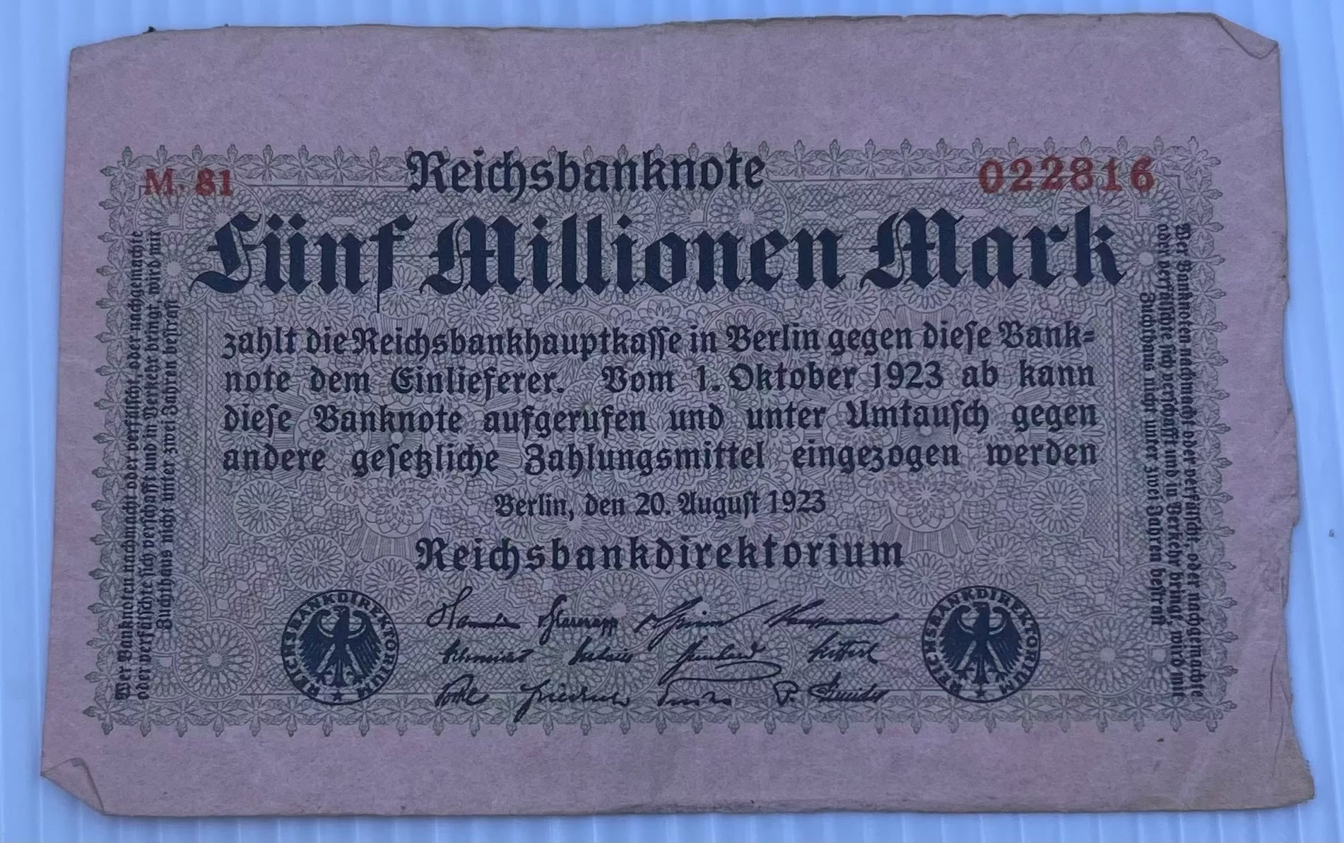 Germany 1923 50 Million Mark P-109 used banknote from hyperinflation period