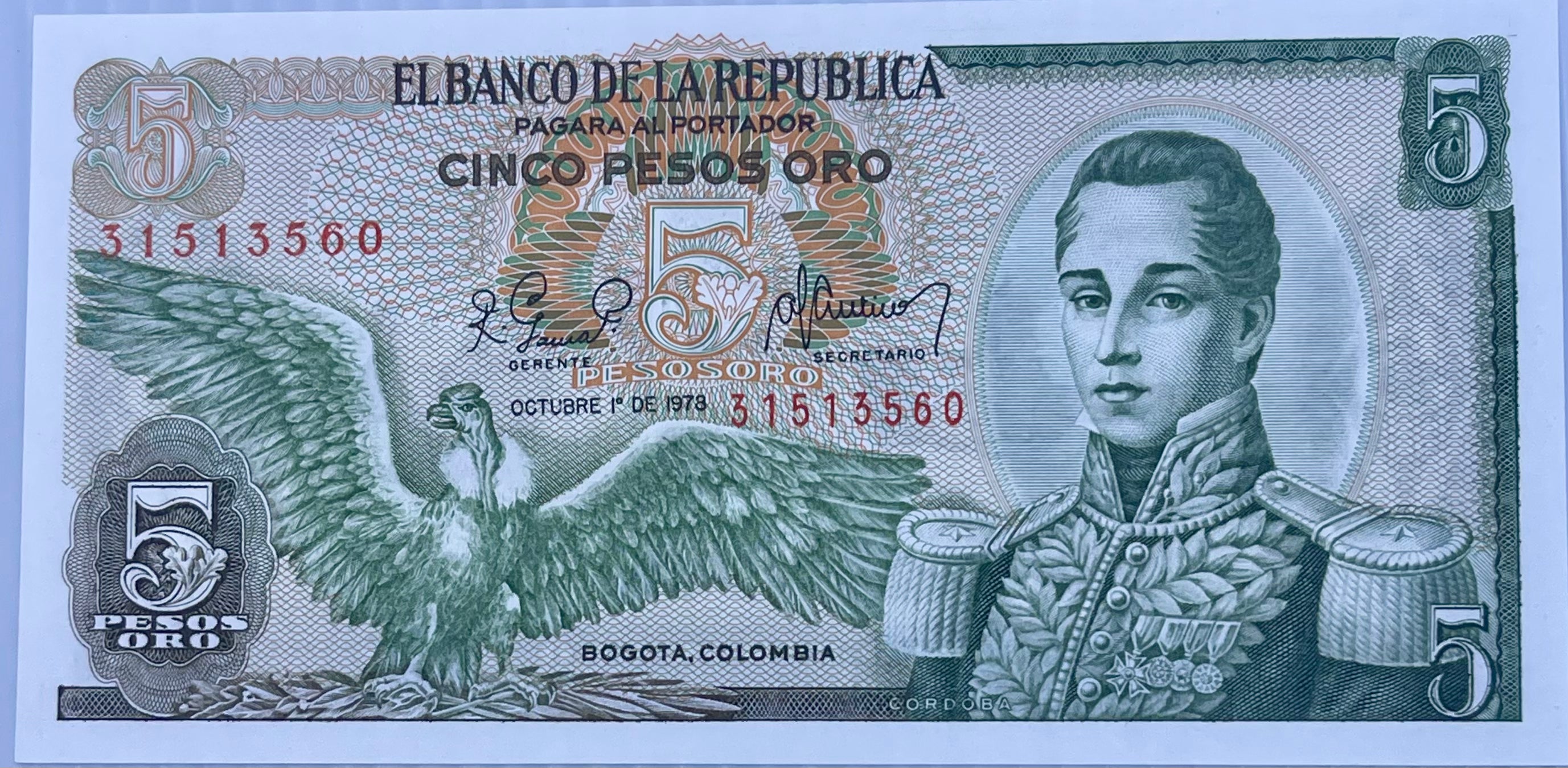 Columbia 5 Pesos Oro 1980 P406 UNC World Banknote