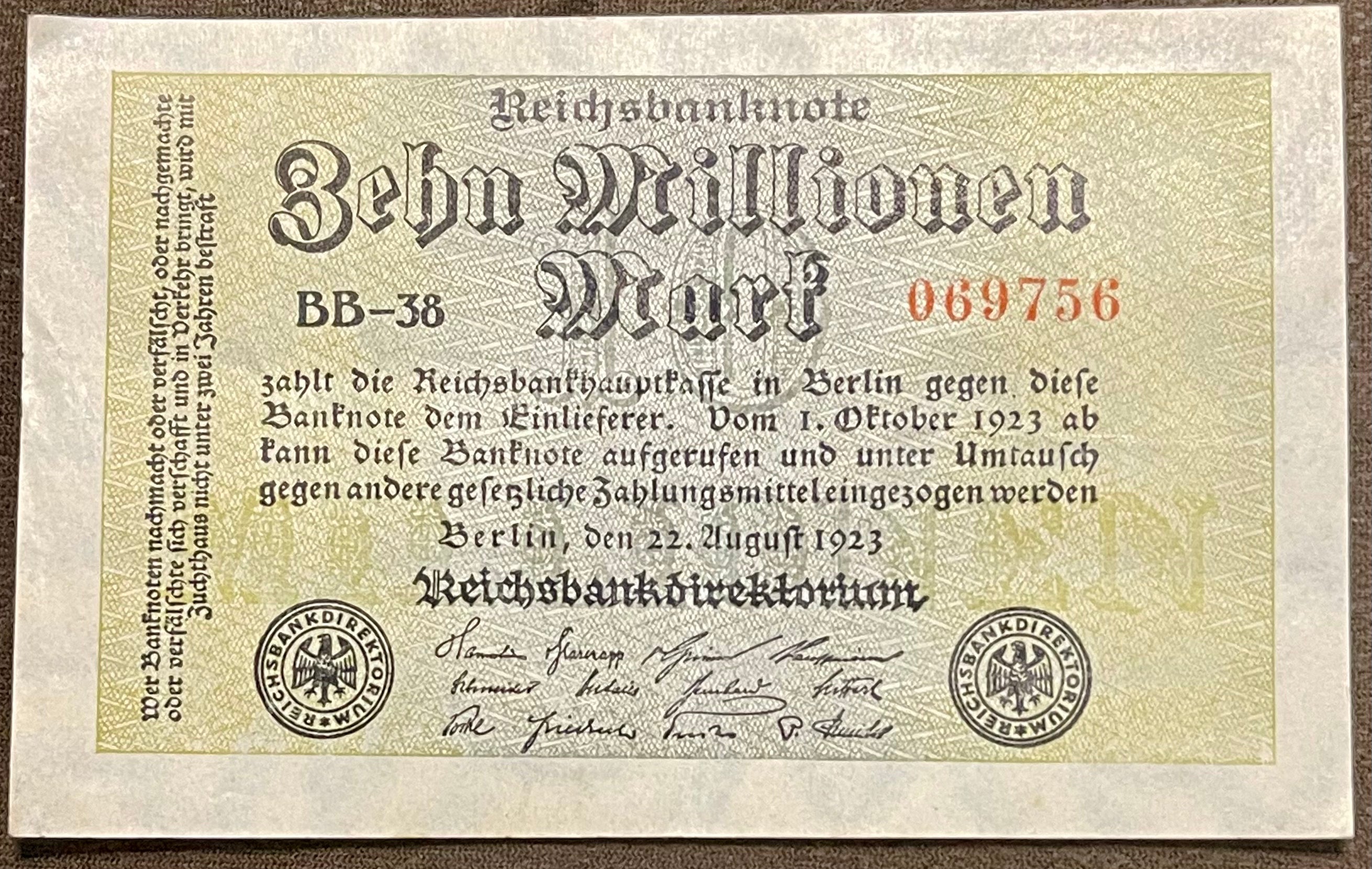 Germany 1923 10 Million Mark P-106 Used, World Banknote Currency From Lot